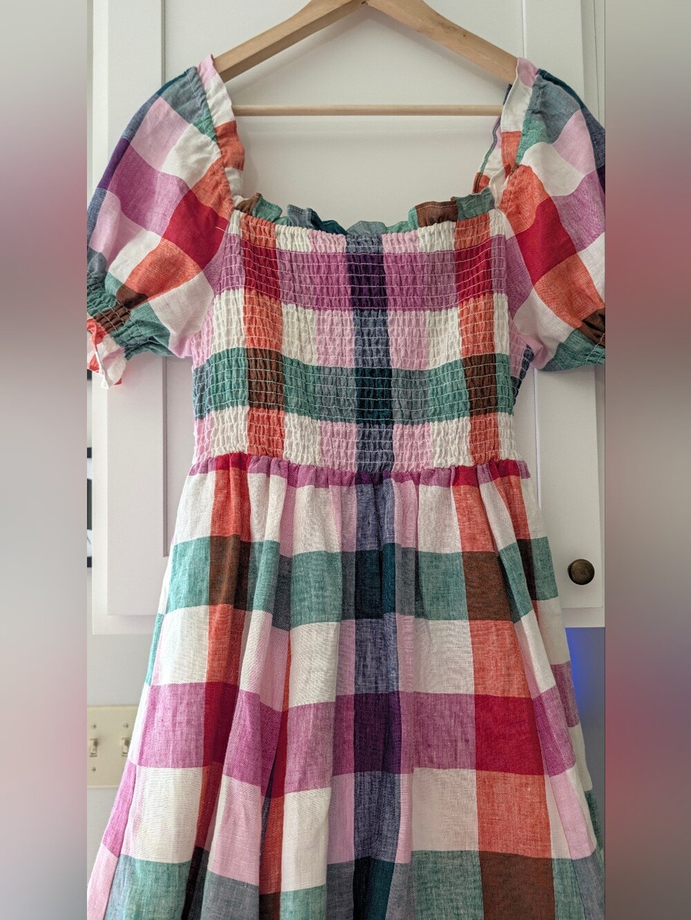 Boden Sky Smocked Linen Midi Dress Multicolor Gingham 6P Petite - Picture 8 of 9
